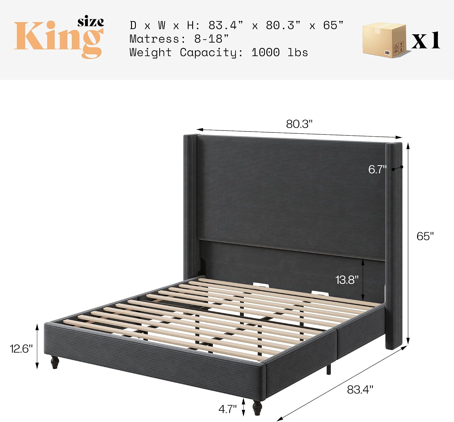 AMERLIFE King Size Bed Frame with 65' Tall Headboard, Upholstered Corduroy Bed Frame with Wingback, Platform Bed with Solid Wood Gourd Legs, Solid Slats, No Box Spring Needed, Dark Grey