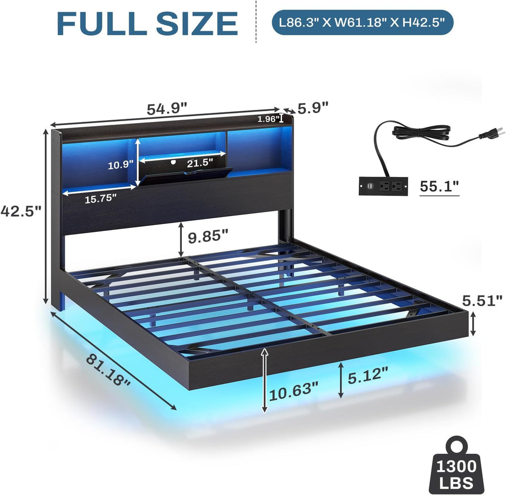 DICTAC Full Floating Bed Frame with LED Lights and Storage Headboard, Visual Floating Bed with Charing Station, Full Size Metal Platform Bed with Stable Structure, No Box Spring Need, Easy Assembly