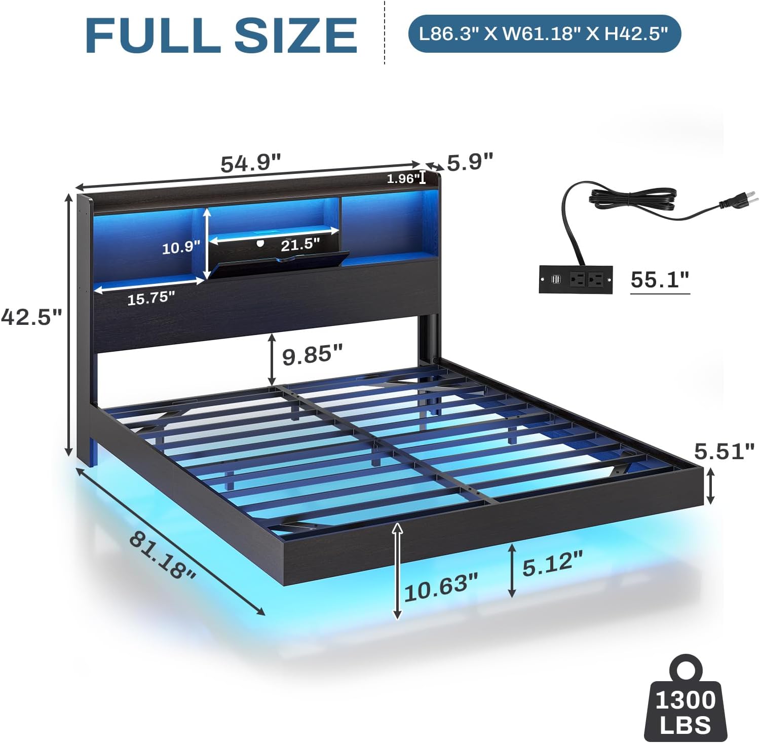 DICTAC Full Floating Bed Frame with LED Lights and Storage Headboard, Visual Floating Bed with Charing Station, Full Size Metal Platform Bed with Stable Structure, No Box Spring Need, Easy Assembly