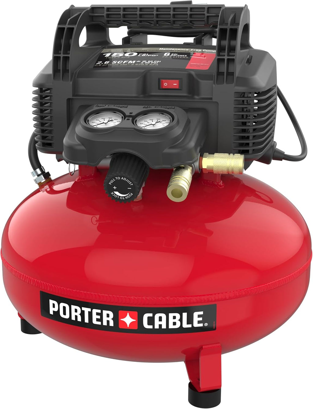 PORTER-CABLE Combination Kit Pancake Air Compressor 6 Gallon, 150 Max PSI and 2.6 CFM @ 90 PSI and Brad Nailer 18 Gauge with 100 Nail Magazine Capacity