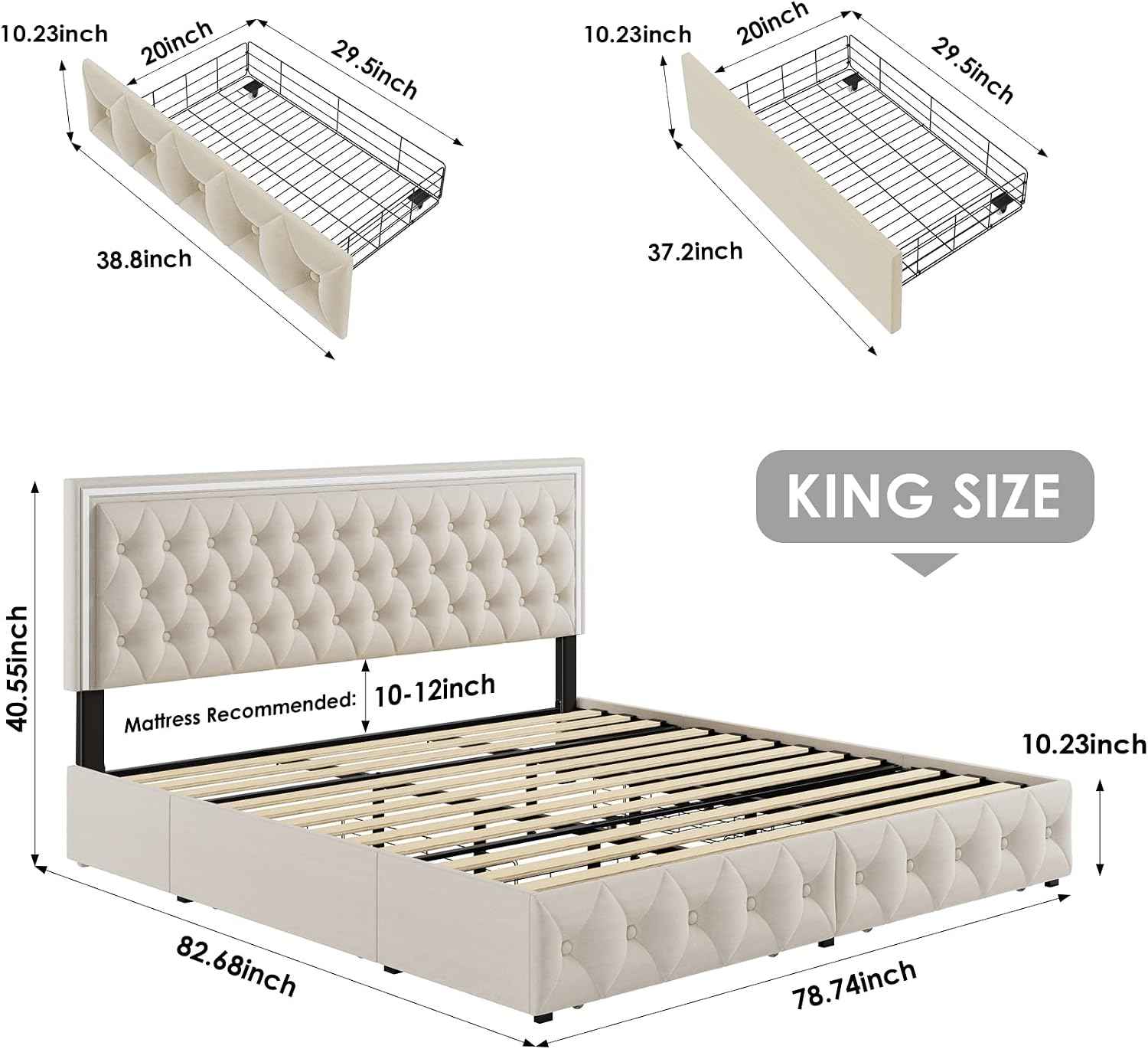 Keyluv King Upholstered LED Bed Frame with 4 Drawers, Velvet Platform Storage Bed with Adjustable Button Tufted Headboard and Solid Wooden Slats Support, No Box Spring Needed, Beige