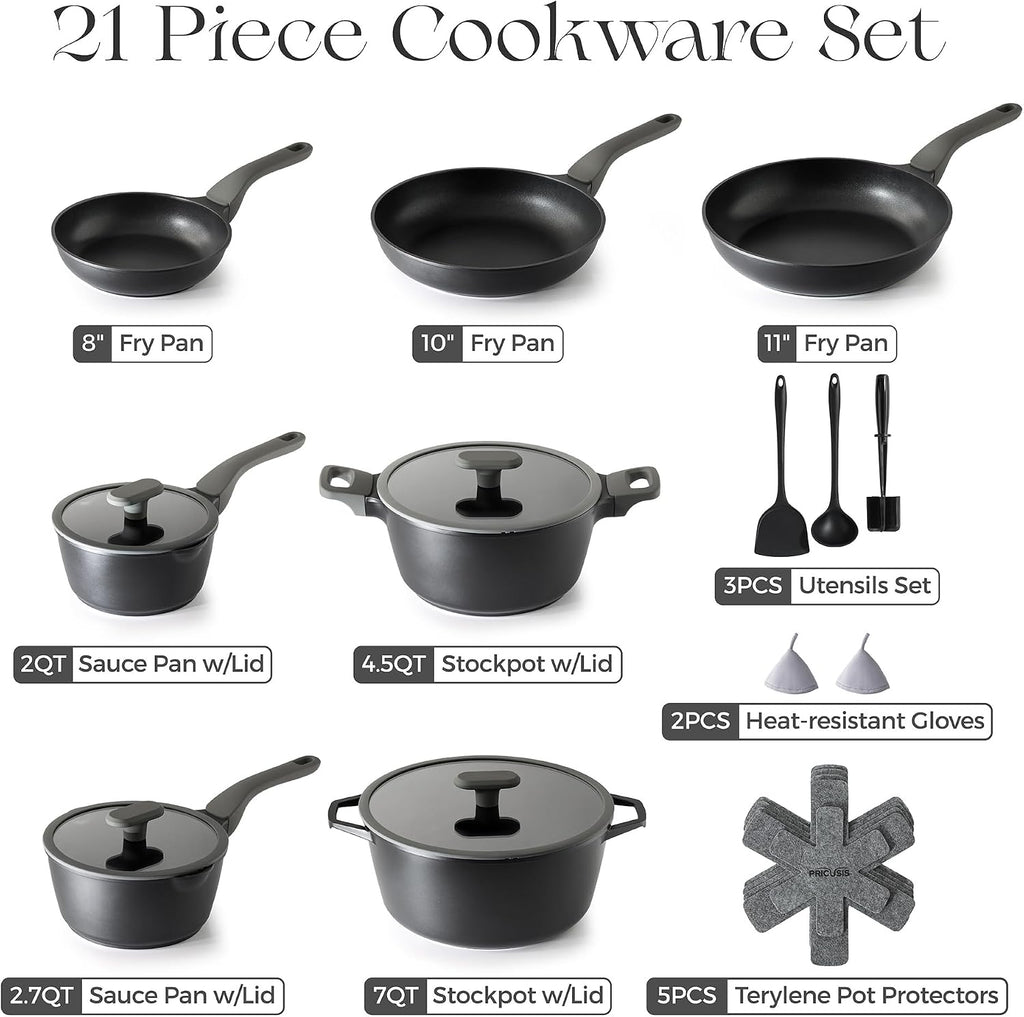 PRICUSIS Pots and Pans Set Nonstick, 21Pcs Induction Compatible, Stay Cool Handle, Fully Coated, 100% Dishwasher Safe, PFOA Free Omelet Pans, Warp Resistant (Black Sesame)