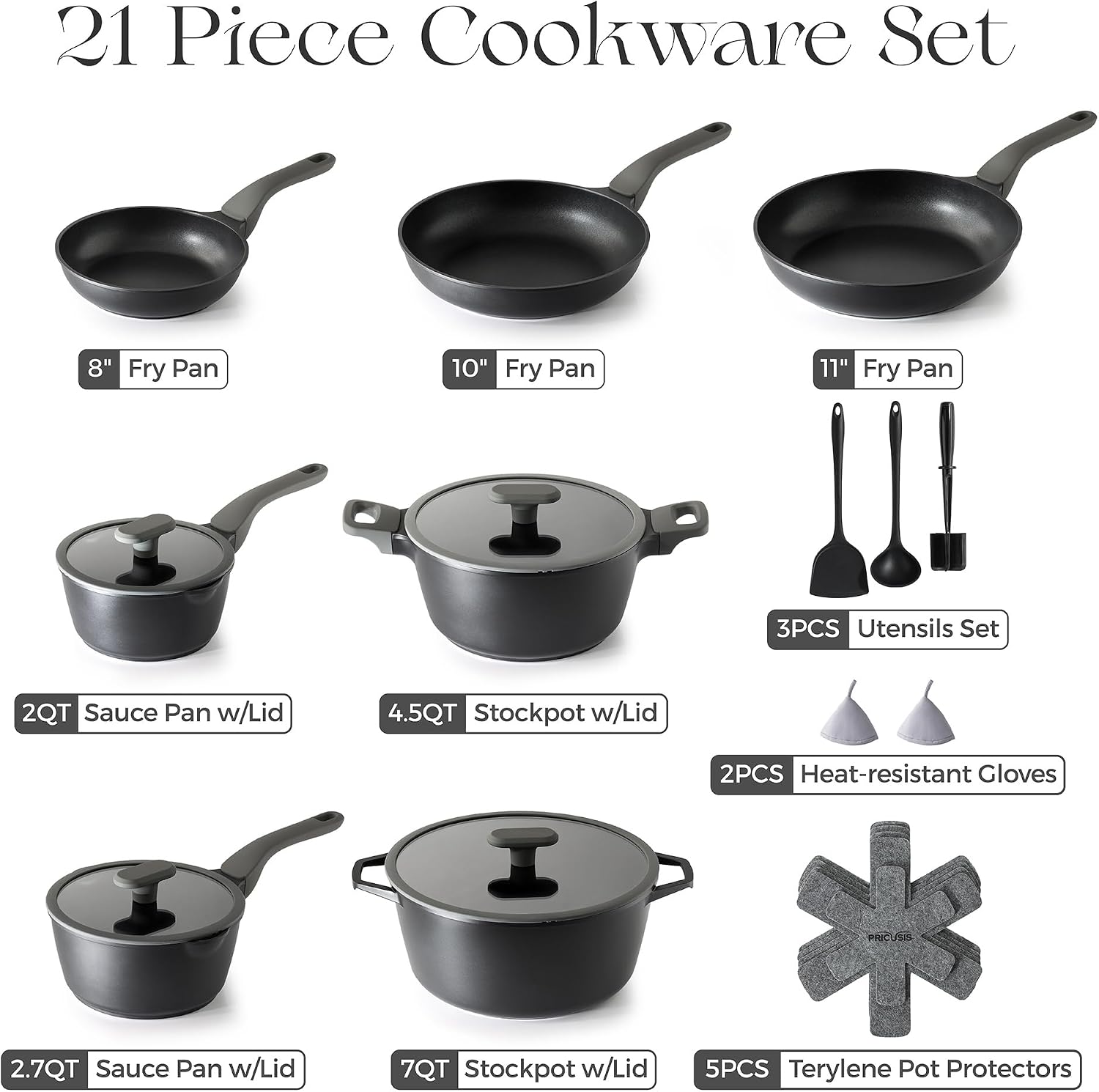 PRICUSIS Pots and Pans Set Nonstick, 21Pcs Induction Compatible, Stay Cool Handle, Fully Coated, 100% Dishwasher Safe, PFOA Free Omelet Pans, Warp Resistant (Black Sesame)