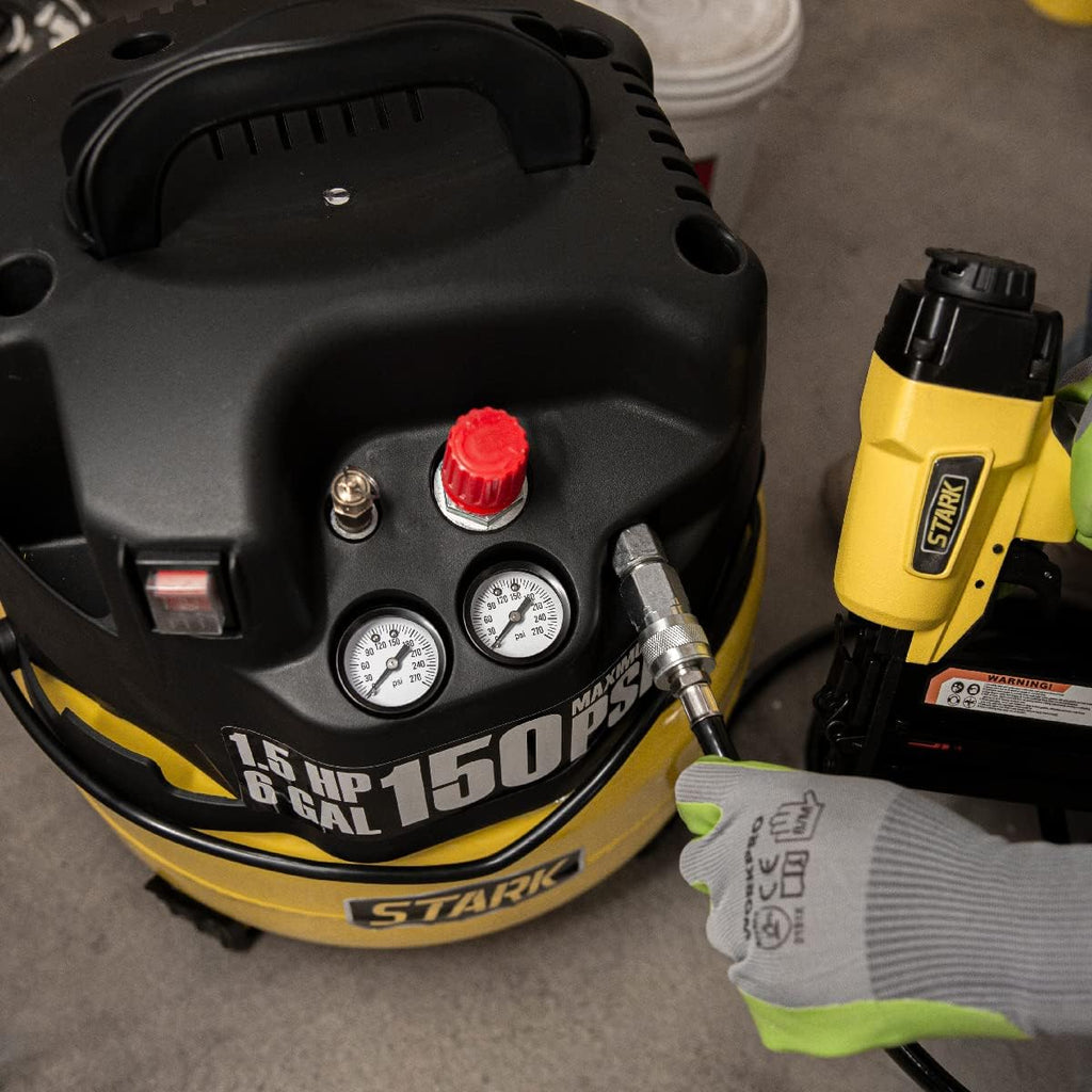 Stark USA 6 Gallon Pancake with 18 Gauge Brad Nailer Set Electric Oil-Less Air Compressor, 150 PSI Combo Set