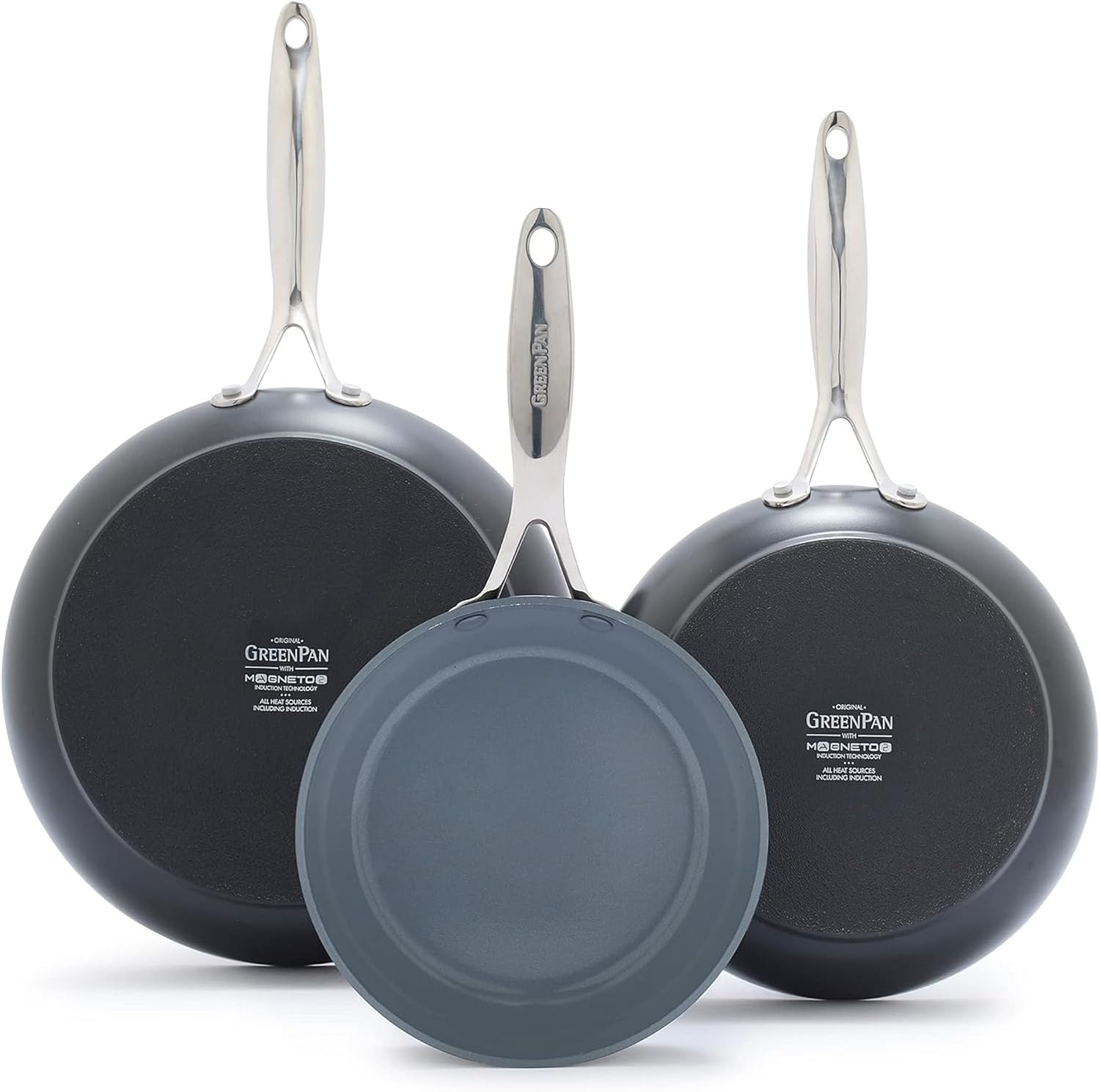 GreenPan Valencia Pro Ceramic Nonstick 8' 9.5' & 11' Fry Pan Skillet Set, Hard Anodized PFAS-Free, Induction Ready, Compatible on All Cooktops, Dishwasher Safe, Oven Safe to 600F, Gray