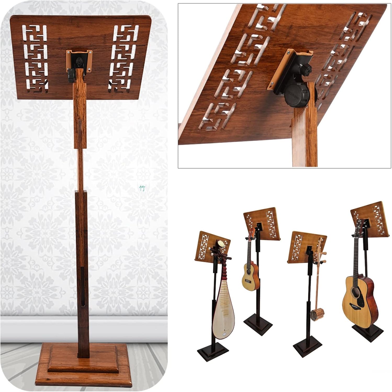 Dual-use Sheet Music Stand & Desktop Book Stand, Guitar Music Stand, Not Easy to Collapse Or Shake, and Beautiful, Music Stand with Phone Holder Microphone Holder,Wood-17cm*45cm*75cm