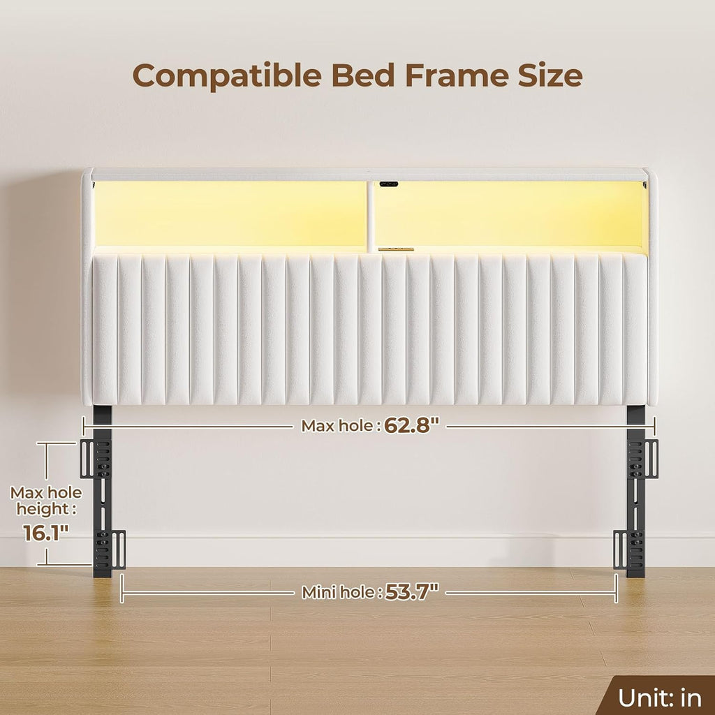 Rolanstar Headboard for Queen Size Bed with Storage, 60,000 DIY Color of LED Light, Head Board with USB & Type C Port, Height Adjustable, Velvet Upholstered, Comfortable Modern, Light White