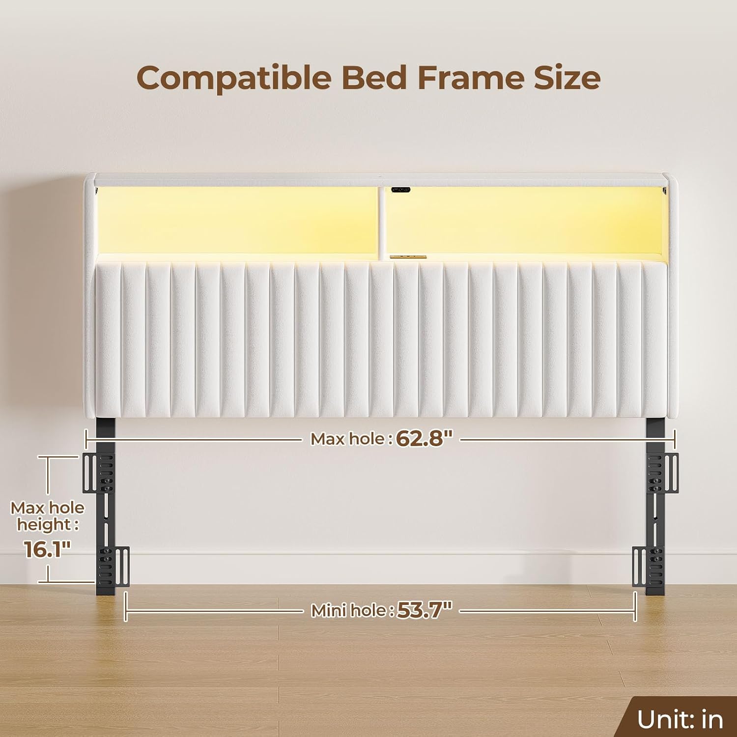Rolanstar Headboard for Queen Size Bed with Storage, 60,000 DIY Color of LED Light, Head Board with USB & Type C Port, Height Adjustable, Velvet Upholstered, Comfortable Modern, Light White
