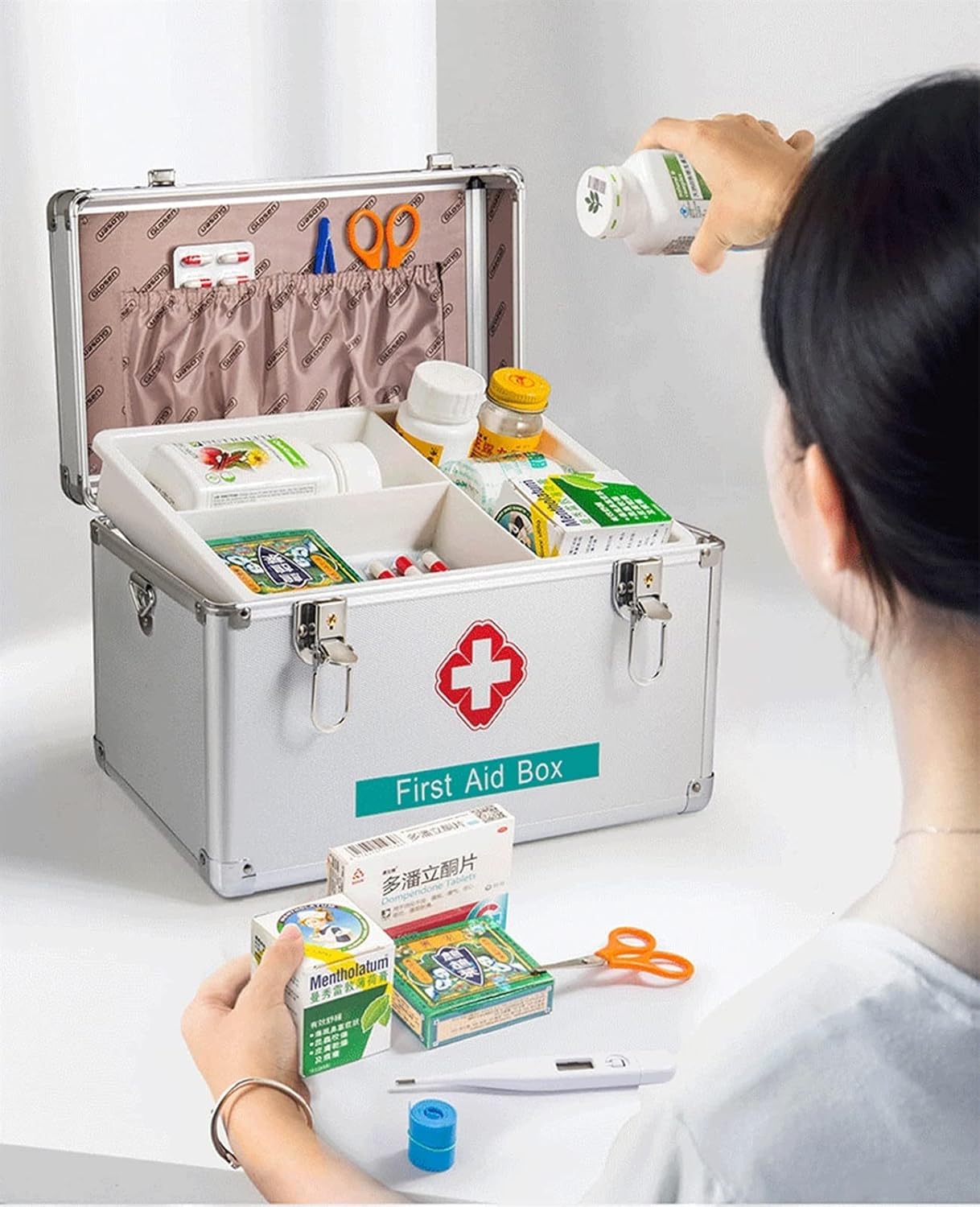 Medicine Storage Box Organizer Jewelry Travel Pill Case Family First Aid Portable Chest Cabinets -Empty Kit Medical Supplies Collection Container with Lock for Home