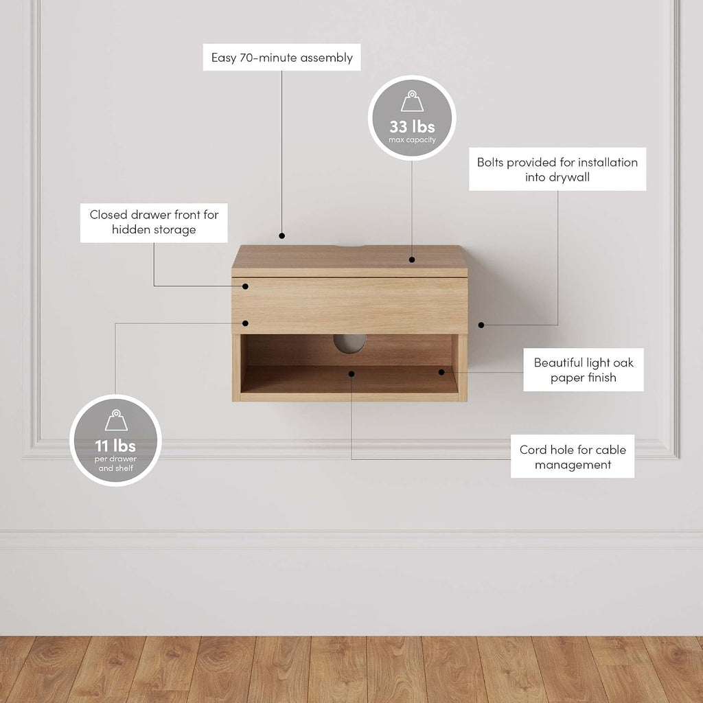 Nathan James Jackson Wall Mounted Floating Bedroom Nightstand with Storage Drawer and Modern Open Shelf Cubby Set of 2, Light Oak Wood