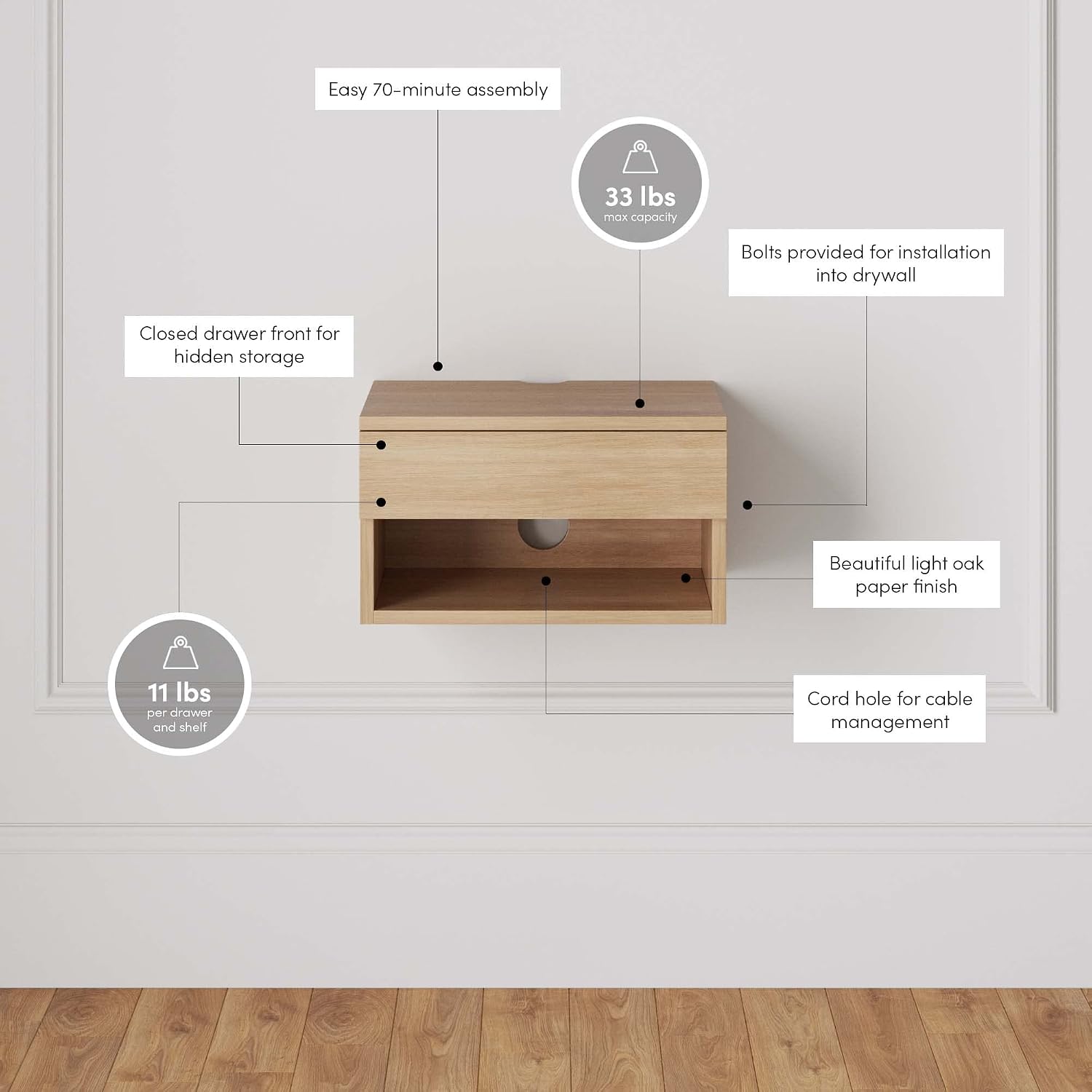 Nathan James Jackson Wall Mounted Floating Bedroom Nightstand with Storage Drawer and Modern Open Shelf Cubby Set of 2, Light Oak Wood