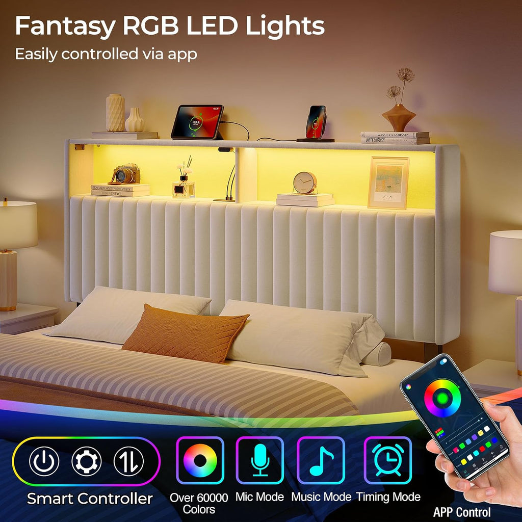 Rolanstar Headboard for Queen Size Bed with Storage, 60,000 DIY Color of LED Light, Head Board with USB & Type C Port, Height Adjustable, Velvet Upholstered, Comfortable Modern, Light White