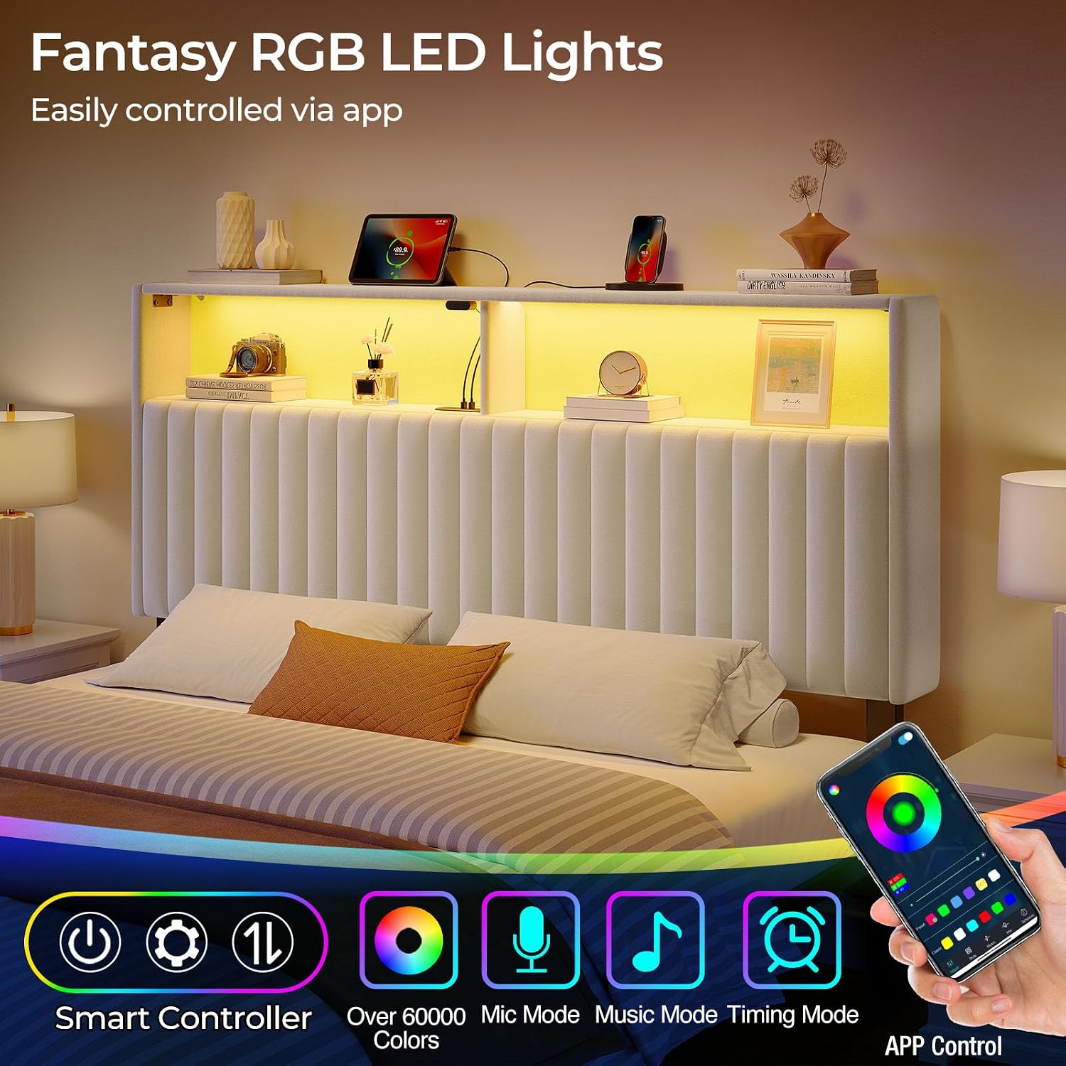 Rolanstar Headboard for Queen Size Bed with Storage, 60,000 DIY Color of LED Light, Head Board with USB & Type C Port, Height Adjustable, Velvet Upholstered, Comfortable Modern, Light White