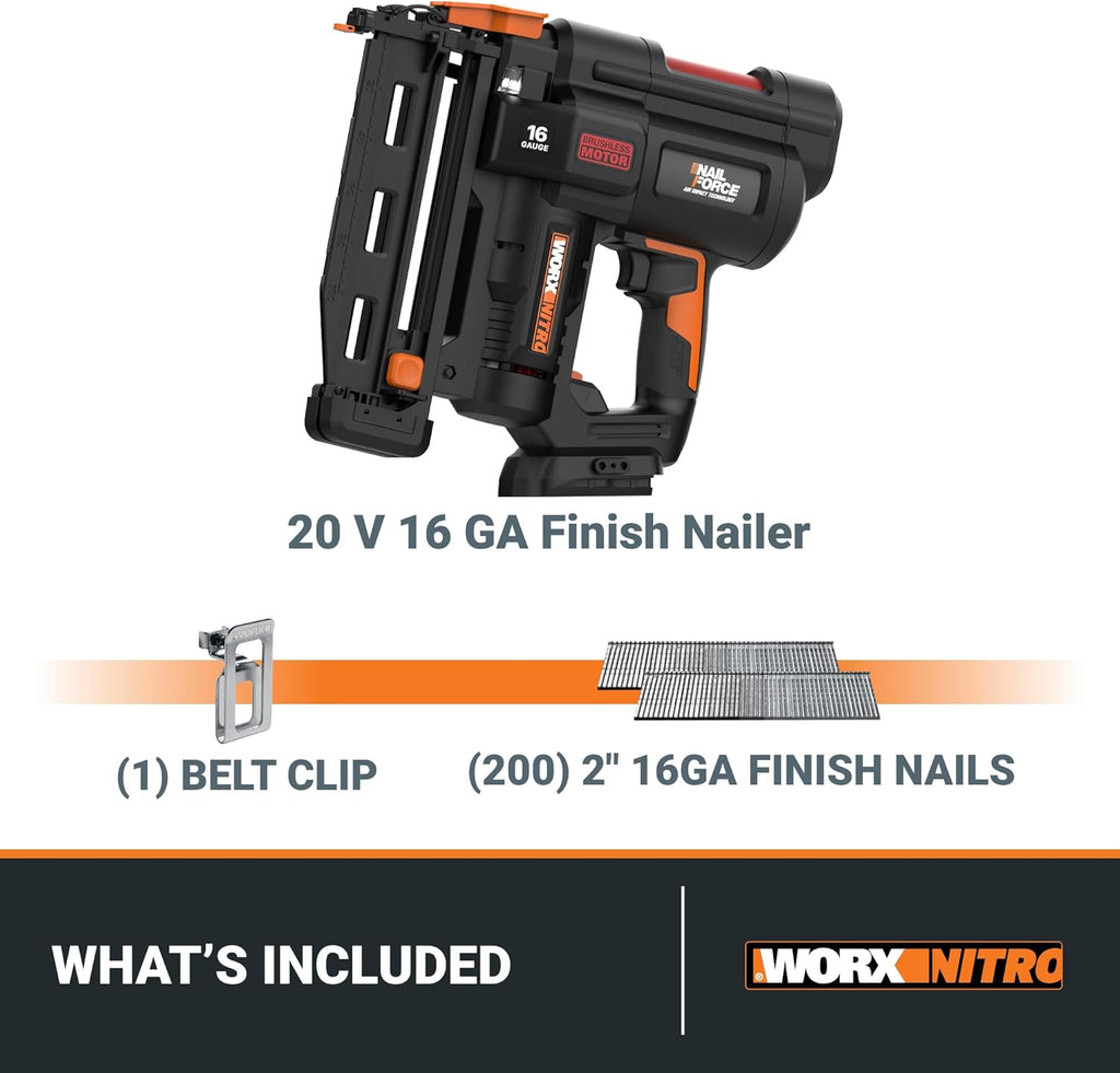 Worx Nitro 20V 16GA Finish Nailer Cordless 70 Nails/Min Sinks Up to 2-1/2', Compact Cordless Nail Gun w/Tool-Free Jam Release, Brushless Nail Gun Battery Powered WX841L – Battery & Charger Included