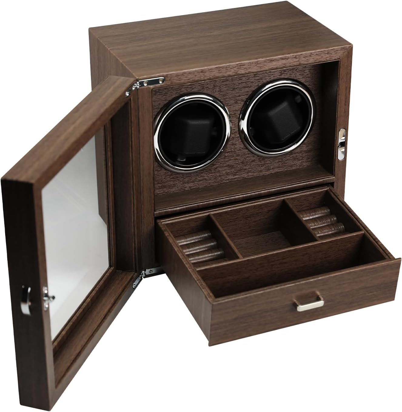 Double Watch Winder for 2 Automatic Watches, Luxury Wood Grain Case with Jewelry Storage Drawer, Ultra-Quiet Motor, 4 Modes & Blue LED - Professional Watch Box for Collectors