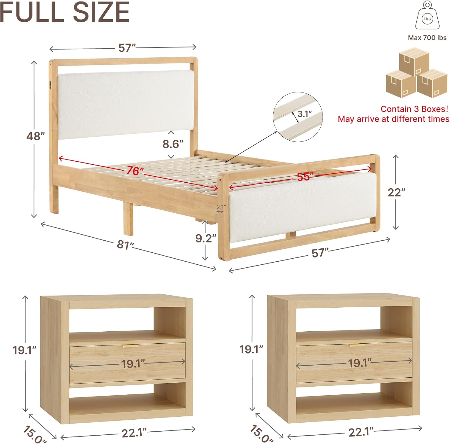 KISLOT 3 Pieces Bedroom Set, Wood Bed Frame with Upholstered Headboard & 2 Nightstands with Storage, Wooden Platform Mattress Foundation Farmhouse Bedroom Furniture Set