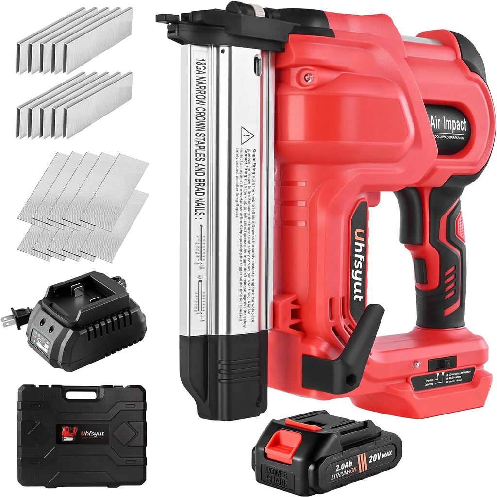 20V Cordless Brad Nailer Stapler - 2-in-1 Heavy Duty Battery Nail Gun with 2000 Nails & Adjustable Depth Control for Professional Woodworking & Home Renovation (One Battery Set)