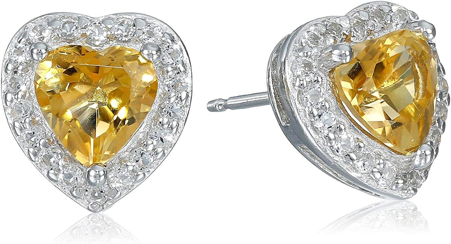 MORGAN & PAIGE .925 Sterling Silver Gemstones and White Sapphire Halo Heart Pendant Necklace, Ring and Stud Earrings for Women Set - Birthstone Jewelry Sets for Women, 18in Cable Chain, Size 7 Ring