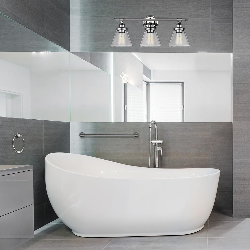 Globe Electric 51234 5-Piece All-in-One Bathroom Set, Chrome, 23' 3-Light Vanity Wall Light with Clear Glass Shades, Towel Bar and Ring, Robe Hook, Toilet Paper Holder, Beauty Room Accessories