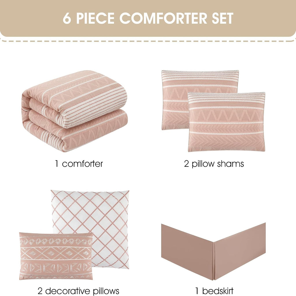 Stratford Park Cotton Queen Size Comforter Set, Blush Geometric Jacquard Bedding Set, Cozy 6 Piece Bedding Set, Bedskirt, Pillows & Shams, Home Decor