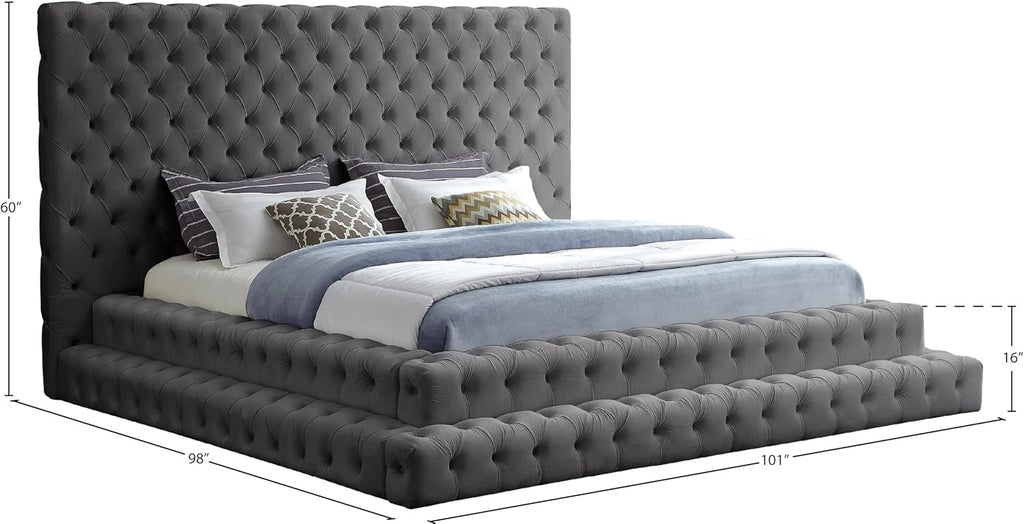 Meridian Furniture RevelGrey-K Revel Collection Modern | Contemporary Grey Velvet Upholstered Bed with Deep Button Tufting, 101' W x 98' D x 60' H, Grey, King