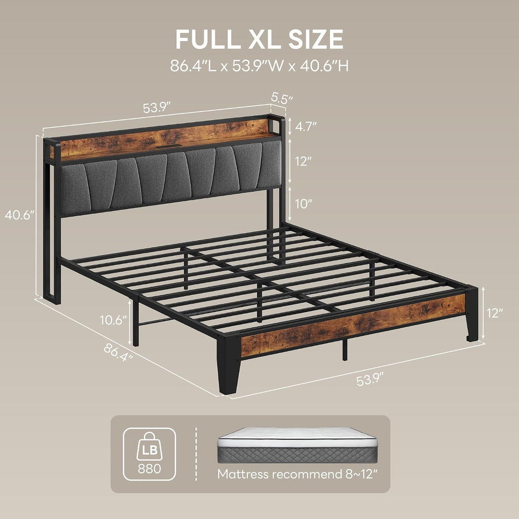 LIKIMIO Full XL Bed Frame, Storage Headboard with Charging Station, Solid and Stable, Noise Free, No Box Spring Needed, Easy Assembly