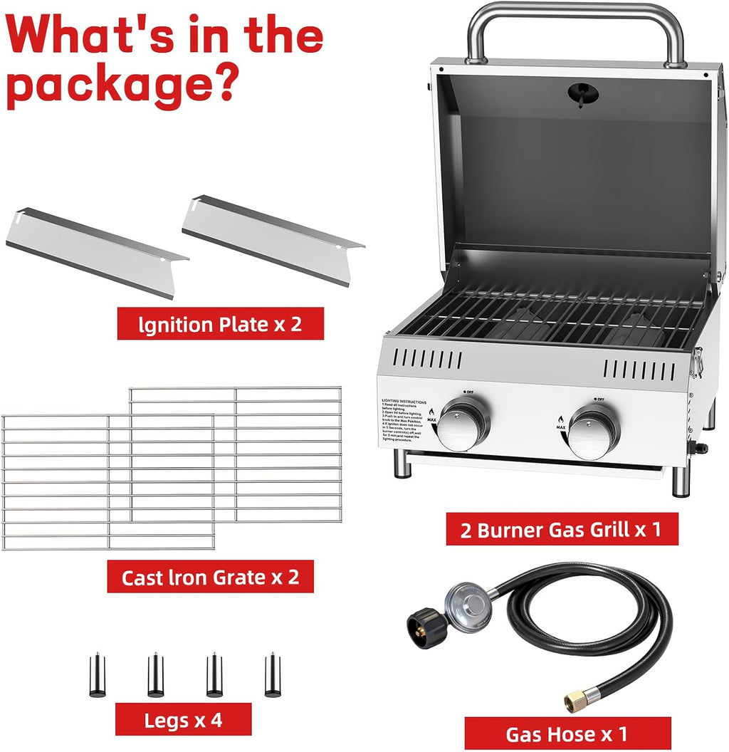 Veralune Tabletop Gas Grill, 2 Burners Portable Propane Grill, Camping Cooking Grill with Travel Lock for Camping, RV, Backyard BBQ