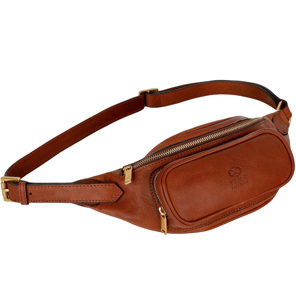 Time Resistance Leather Waist Pack - Belly Bag, Belt Bag, Fanny Pack - Handmade in Italy (Cognac Brown)