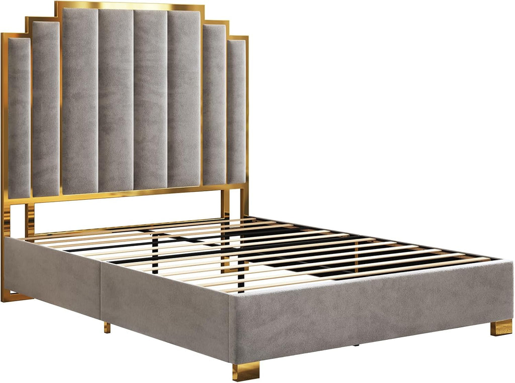 AMERLIFE Queen Size Upholstered Bed, Modern Velvet Bed Frame with 61.4' Tall Gold Trim Headboard, No Box Spring Needed, Grey