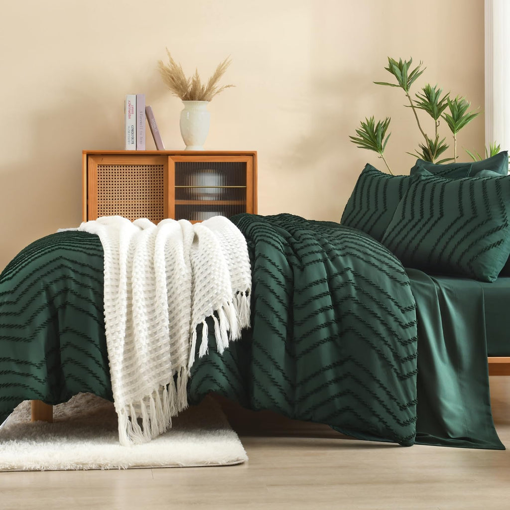 Litanika Super King Plus Size Comforter Set with Sheets Emerald Green - 7 Pieces Bed in a Bag Oversized King Boho Tufted Complete Bedding Sets with Comforter, Sheets, Pillowcases & Shams