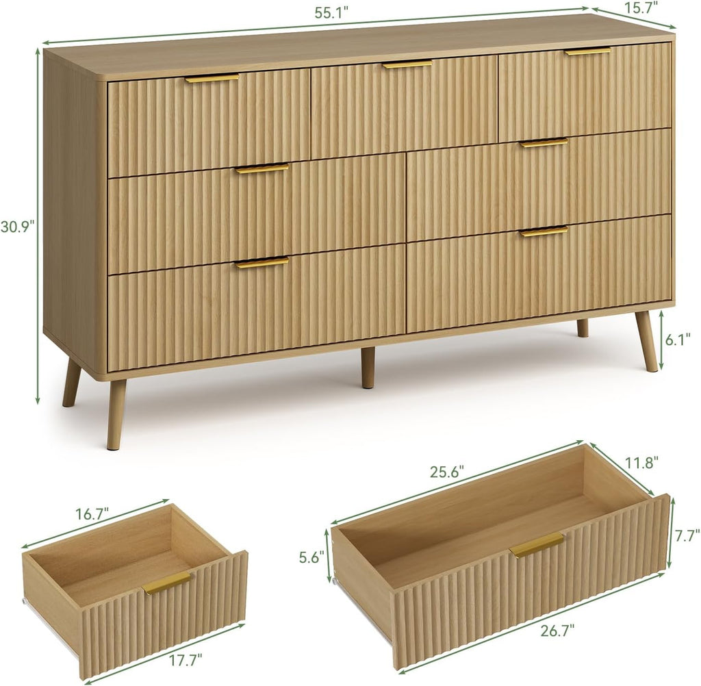 LYNSOM Fluted Dresser and Nightstand Sets 4 Piece, 2-Drawer Nightstands and 5/7 Drawers Dresser, Wood Bedroom Furniture Set for Home, Bedroom, Hallway, Oak