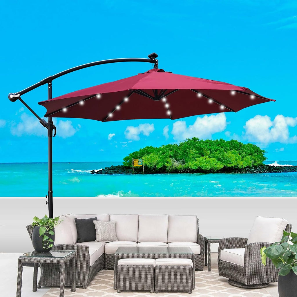 10ft 8 Ribs Outdoor Patio Umbrella with 24 LED Lights, Solar Powered Lighted Sun Shade Market Umbrella with Crank and Cross Base, for Garden Deck Backyard Pool Deck Swimming Pool