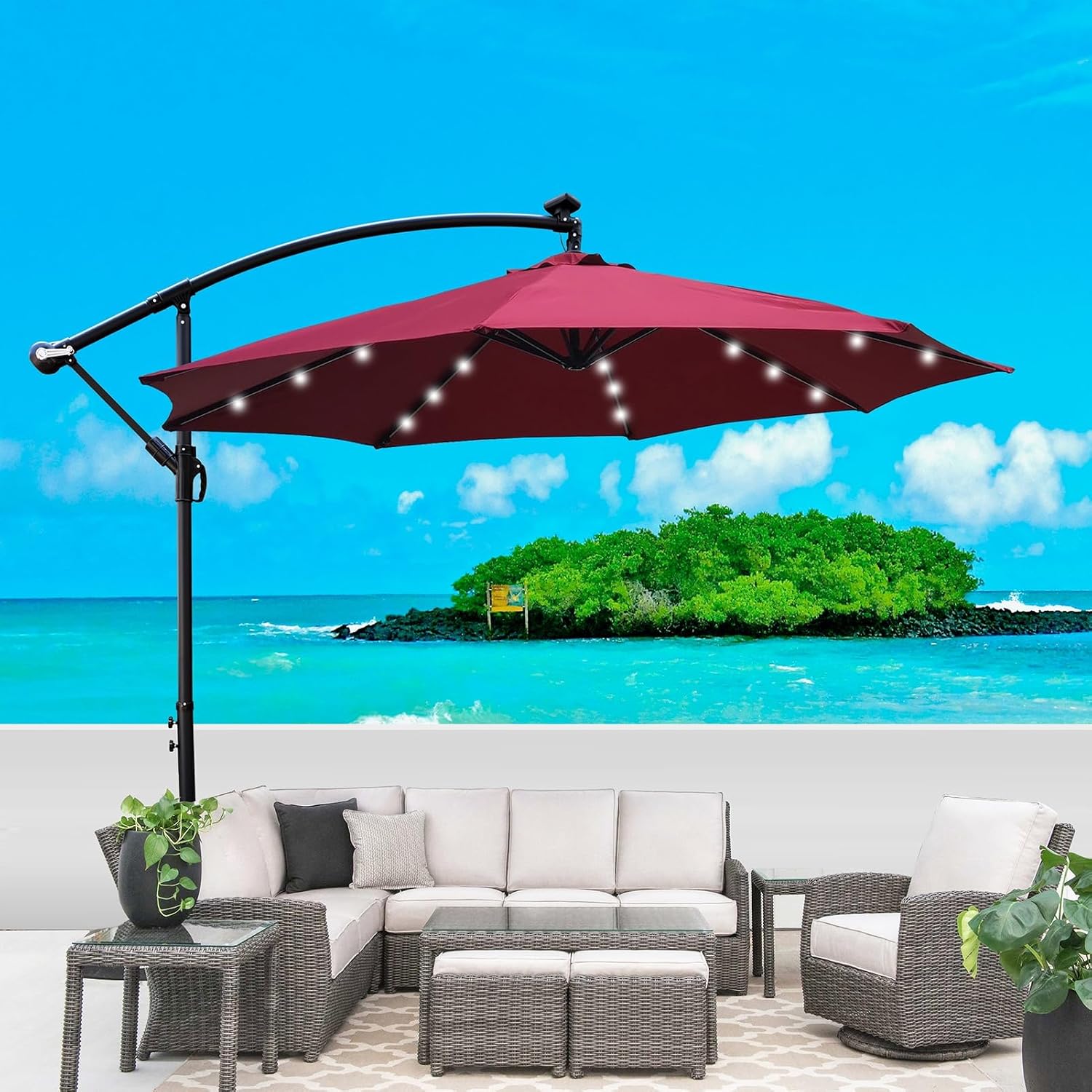 10ft 8 Ribs Outdoor Patio Umbrella with 24 LED Lights, Solar Powered Lighted Sun Shade Market Umbrella with Crank and Cross Base, for Garden Deck Backyard Pool Deck Swimming Pool