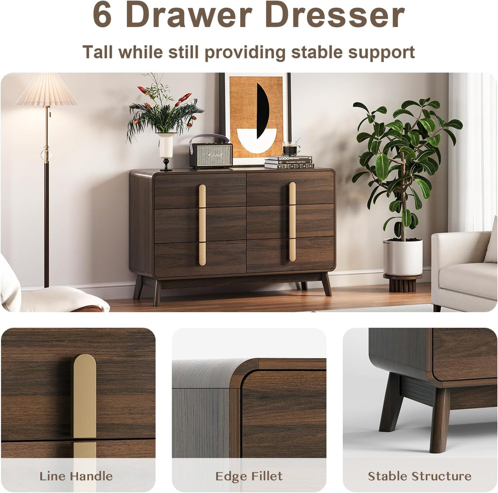 JOINICE Mid Century Modern Bedroom Set, 6 Drawer Dresser and Nightstand Sets for Bedroom, Night Stand Set 2 & 6 Drawer Dresser with Gold Handles, Wood Chest of Drawers Storage Cabinet Set, Walnut