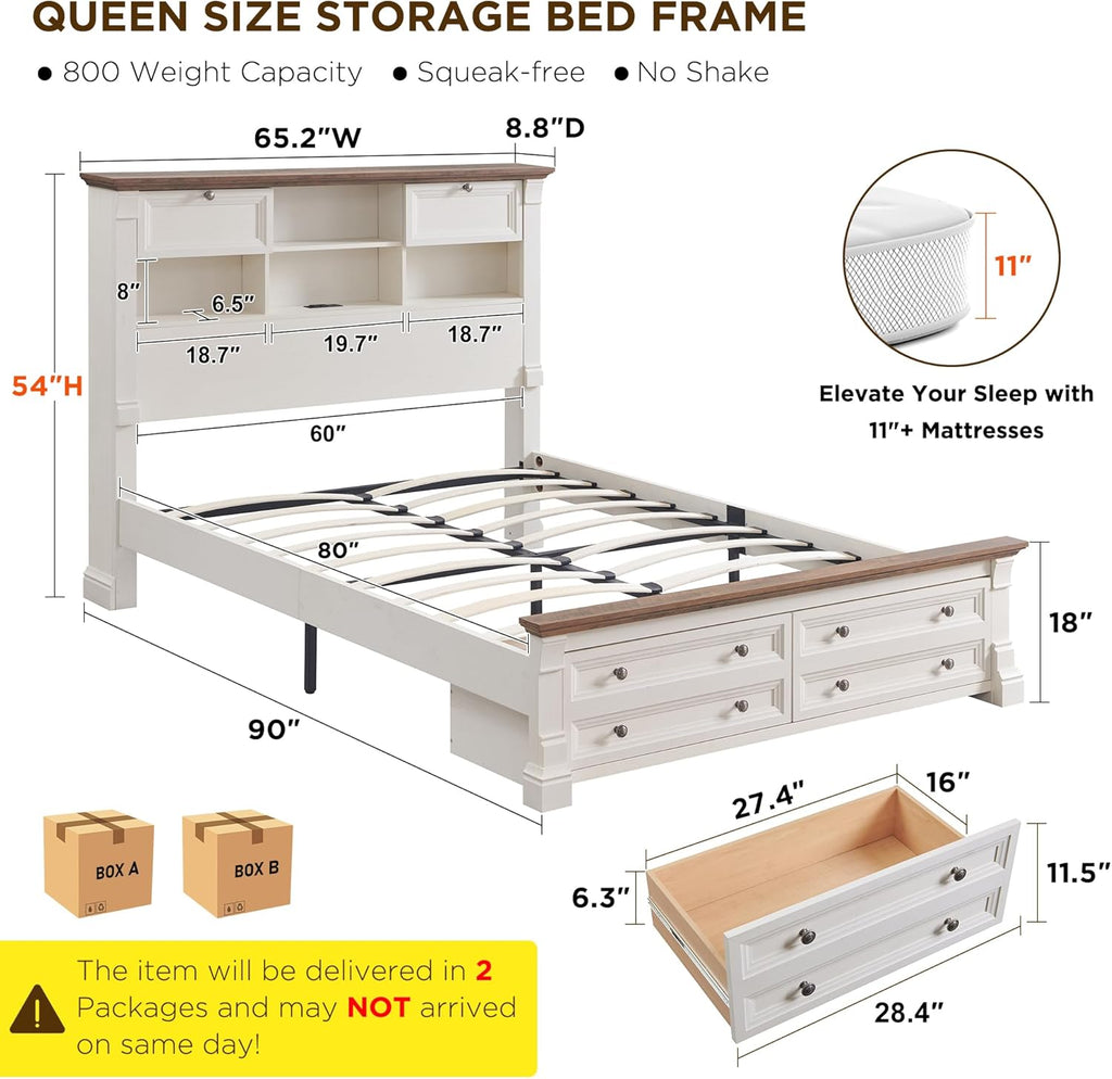 Farmhouse Queen Size Bed Frame with 54' Tall Storage Bookcase Headboard, Wood Platform Bed Frame with 2 Drawers & 18' Tall Roman Column Decoration Footboard, No Box Spring Needed(Antique White)
