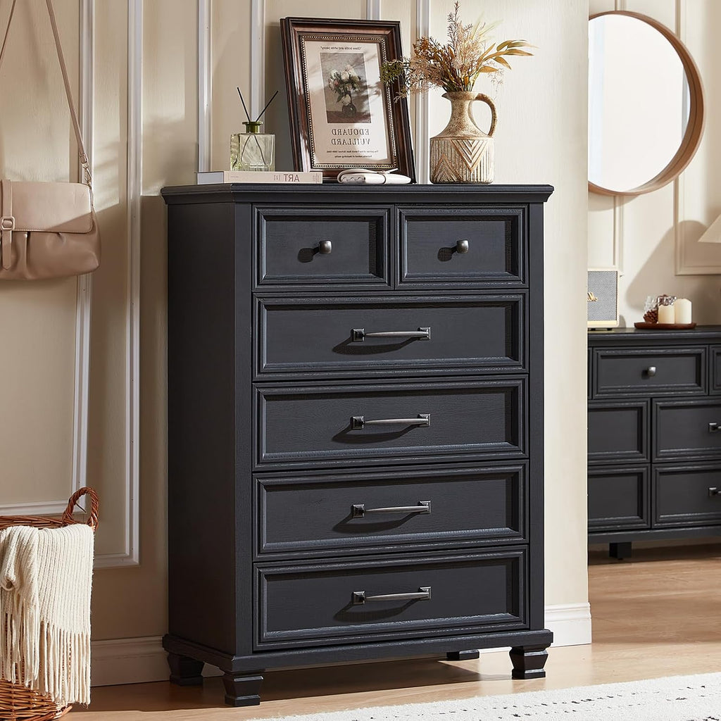 SAVOR LIFE Farmhouse Bedroom Dresser and Nightstand Set of 4, 6 Drawer Tall & 5 Drawers Dresser & 3 Drawer Nightstand Set with Wooden Legs, Rustic Wood Furniture for Bedroom, Hallway, Black