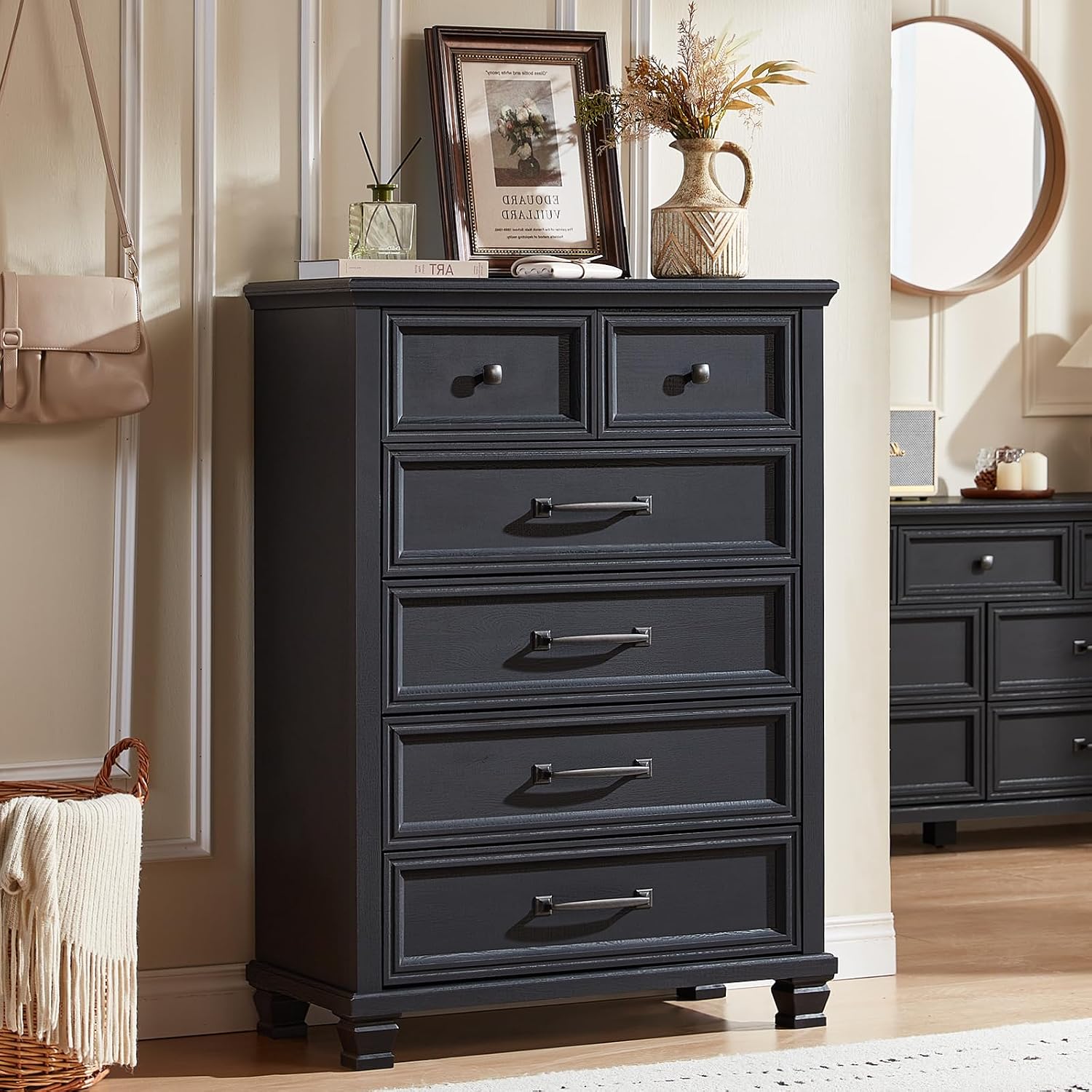 SAVOR LIFE Farmhouse Bedroom Dresser and Nightstand Set of 4, 6 Drawer Tall & 5 Drawers Dresser & 3 Drawer Nightstand Set with Wooden Legs, Rustic Wood Furniture for Bedroom, Hallway, Black