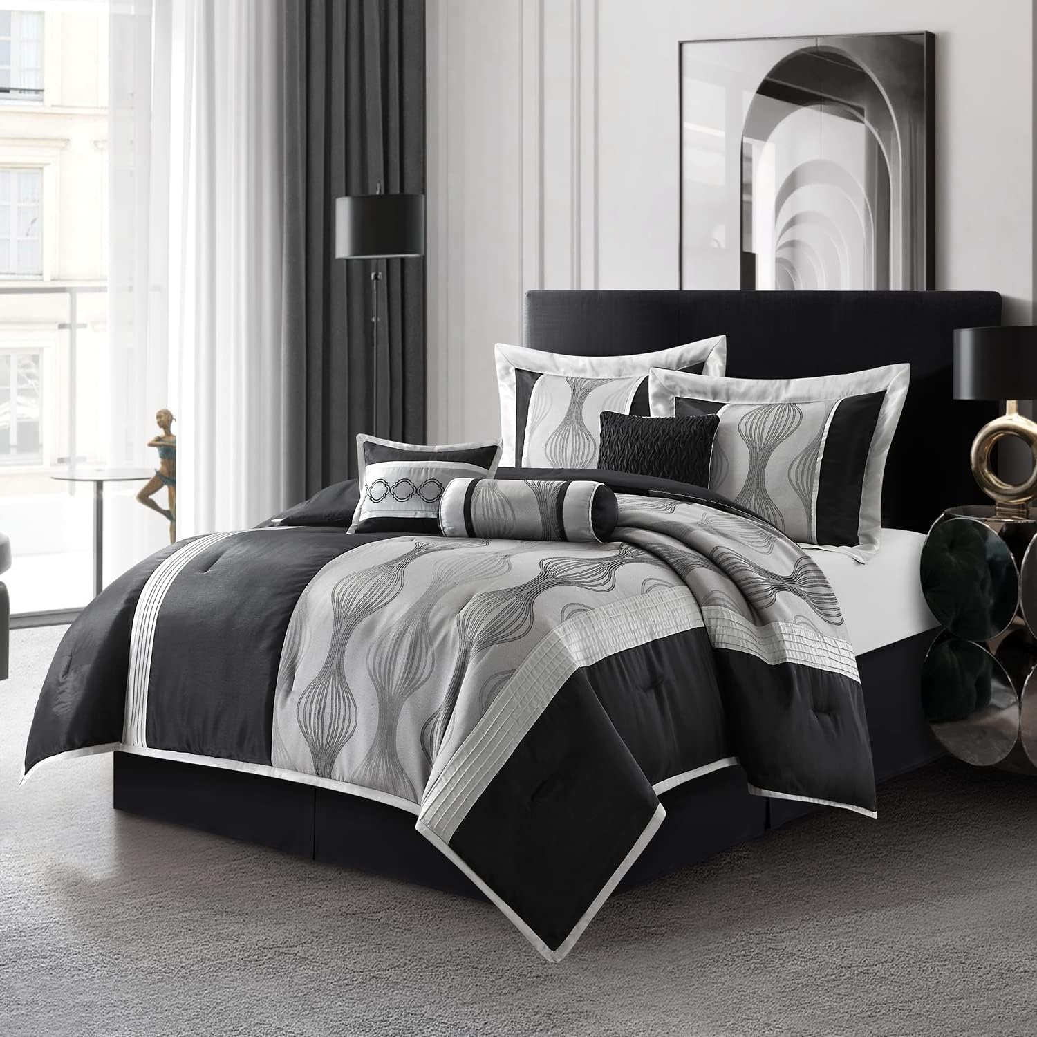Stratford Park Black and Silver Comforter Set King Size, 7 Pieces Striped All Season Bedding Set