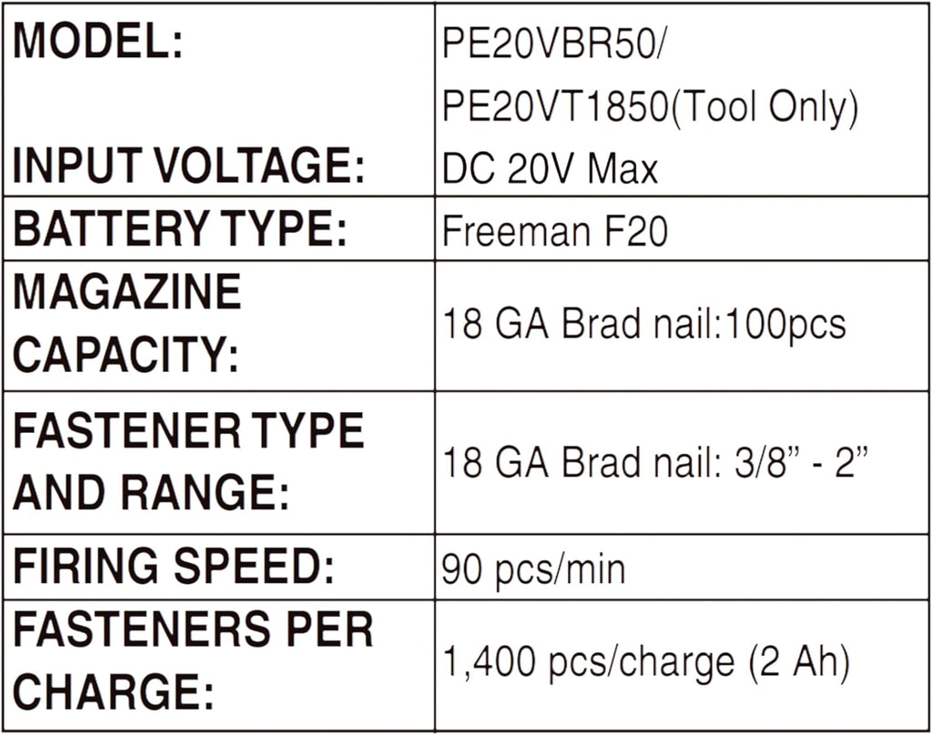 Freeman PE20VT1850 20 Volt Cordless 18-Gauge 2' Brad Nailer (Tool Only) – 1400 Shots per Charge