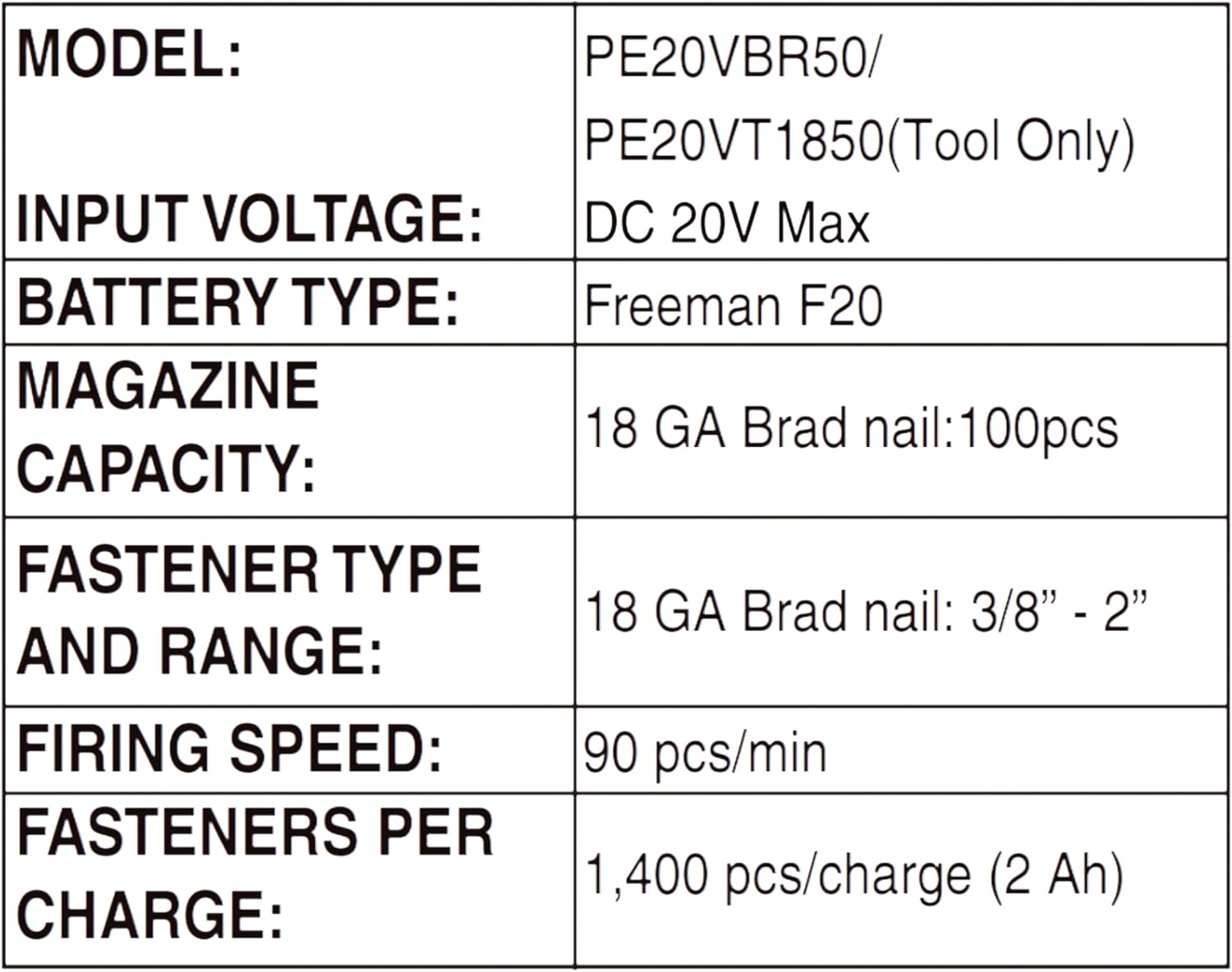 Freeman PE20VT1850 20 Volt Cordless 18-Gauge 2' Brad Nailer (Tool Only) – 1400 Shots per Charge