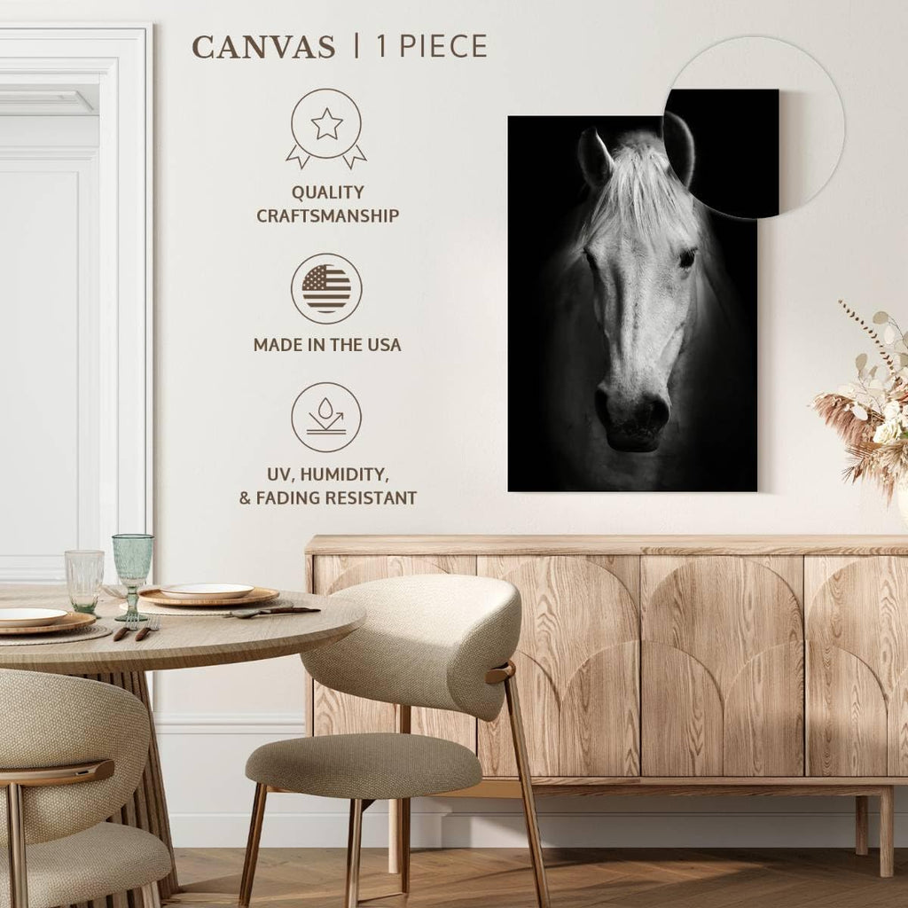 ElephantStock - White Thoroughbred Horse Wall Art - Vertical Canvas Wall Art - Living Room Wall Decor - Photography Animal Canvas Art - Black And White Decor - 24' x 36'