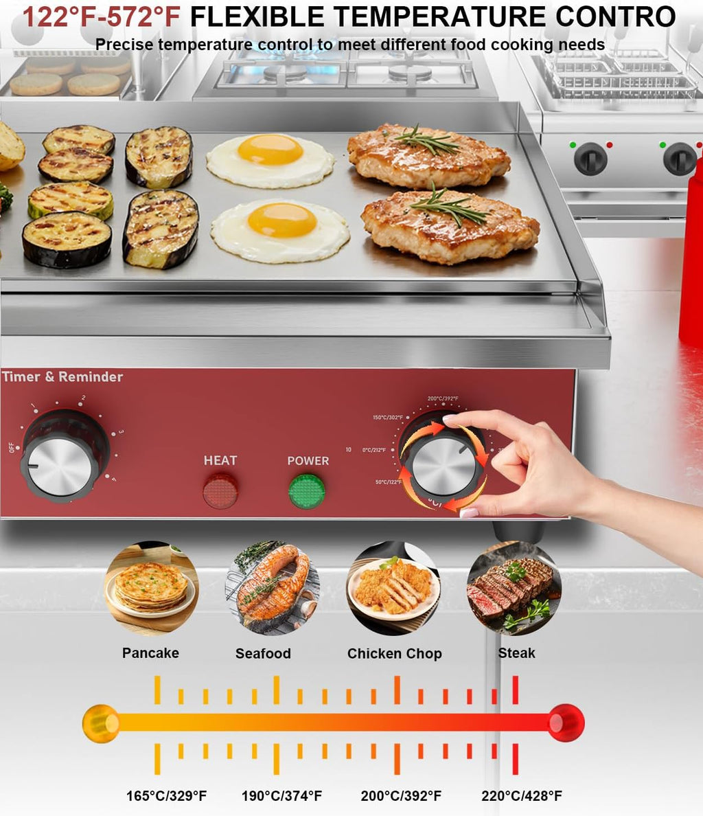 22' Commercial Electric Griddle 1500W, Flat Top Grill with 5-Min Reminder Timer, Adjustable Temp Control (122°F-572°F), Stainless Steel Countertop Griddle for Restaurant & Home Kitchen