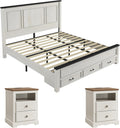 AMERLIFE 3-Piece Farmhouse Bedroom Furniture Set, Includes 1 King Size Wood Platform Bed Frame with Panel Headboard and 2 Nightstands with Charging Station, No Box Spring Needed, Rustic White