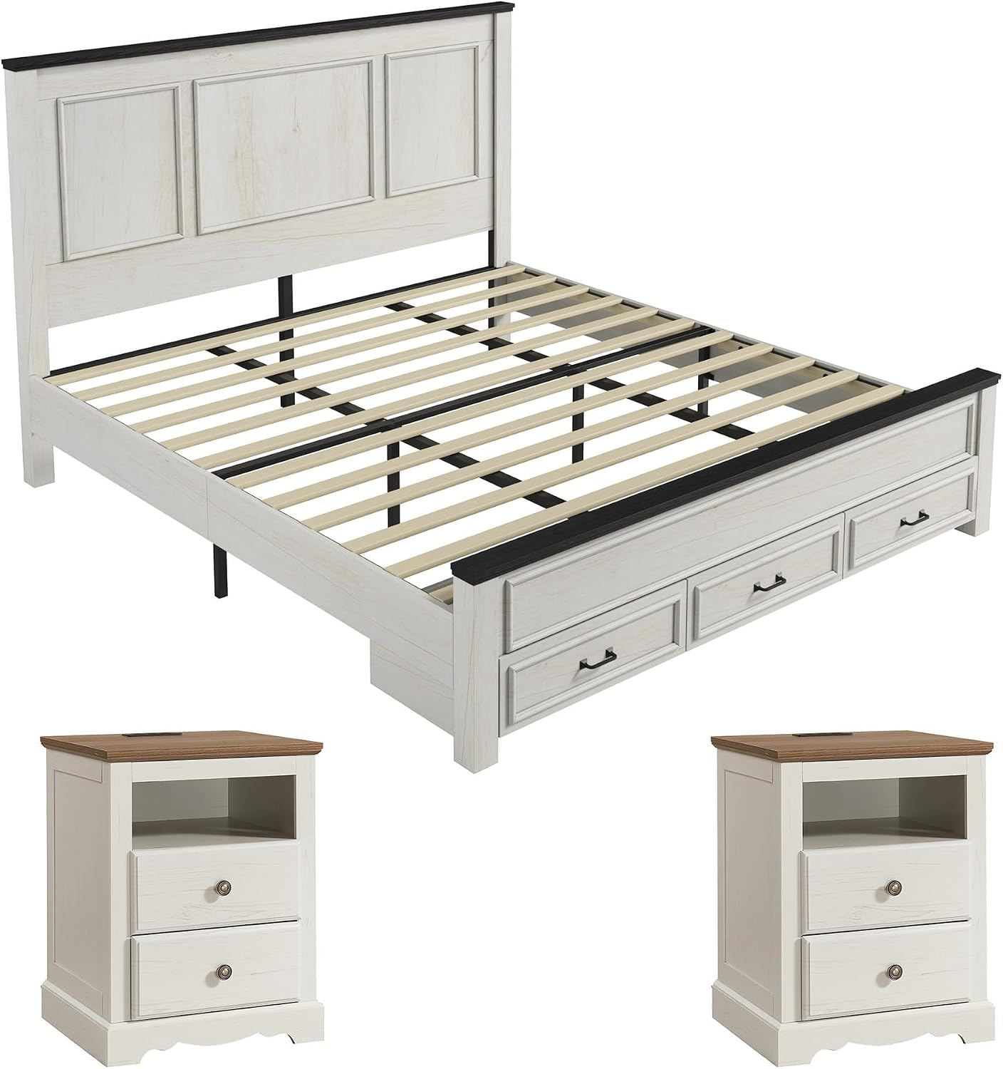 AMERLIFE 3-Piece Farmhouse Bedroom Furniture Set, Includes 1 King Size Wood Platform Bed Frame with Panel Headboard and 2 Nightstands with Charging Station, No Box Spring Needed, Rustic White