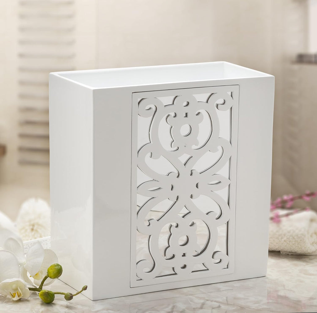 Creative Scents Mirror Janette White Bathroom Accessories Set Complete - 6 Piece Bathroom Set Includes: Soap Dispenser, Toothbrush Holder, Tumbler Cup, Soap Dish, Tissue Cover, and Wastebasket