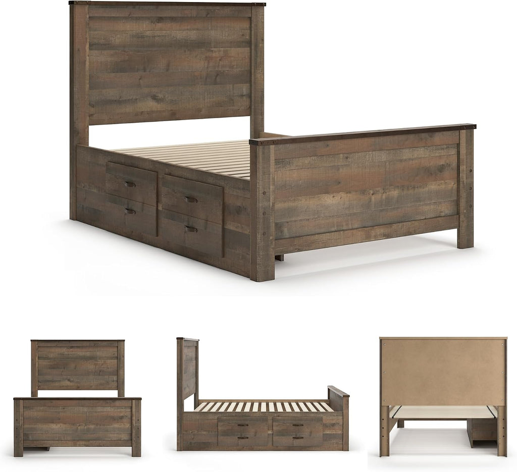 Signature Design by Ashley Trinell Casual Full Panel Platform Bed with 2 Storage Drawers and Nailheads, Foundation or Box Spring Not Needed, Dark Brown