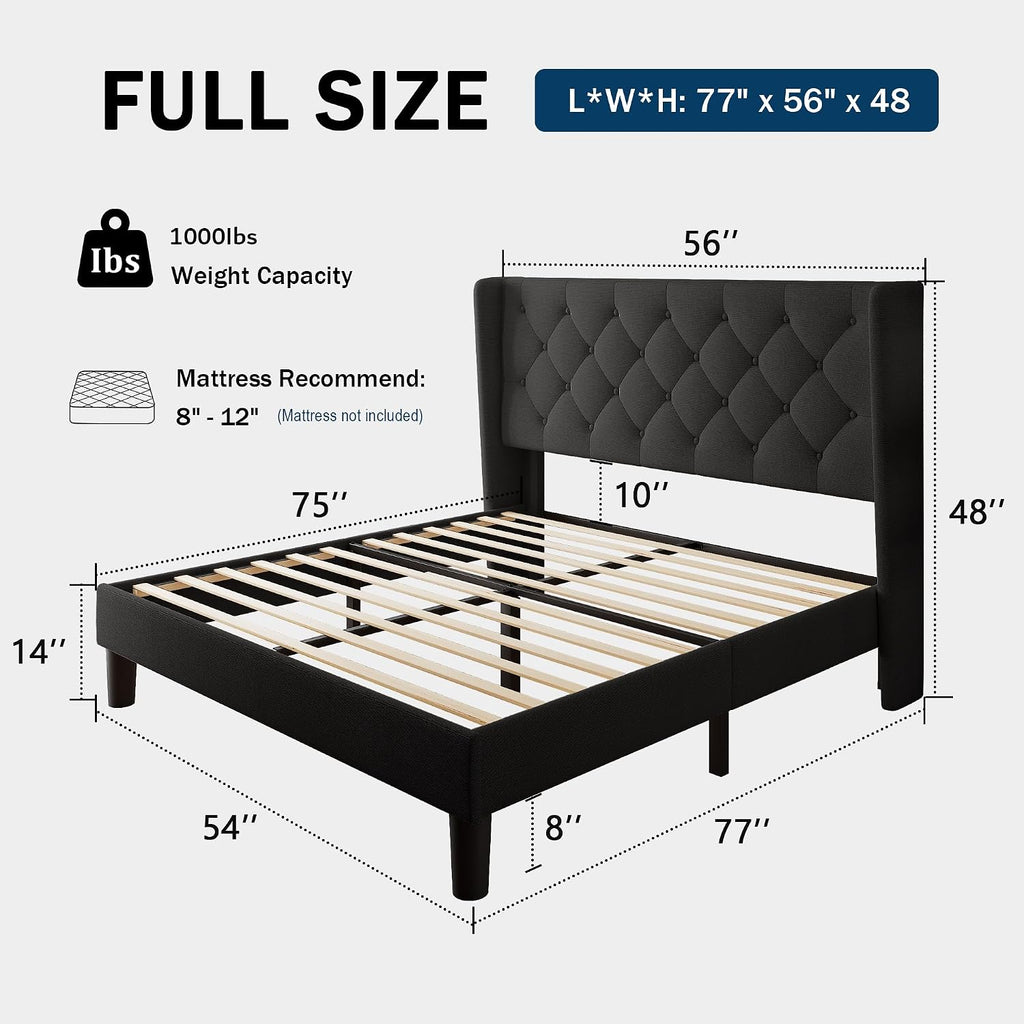 GalnFu Full Size Bed Frame with Button Tufted Headboard, Upholstered Platform Bed Frame with UnderBed Storage, Wooden Slats Supports, Noise Free, No Box Spring Needed, Easy Assembly, Black