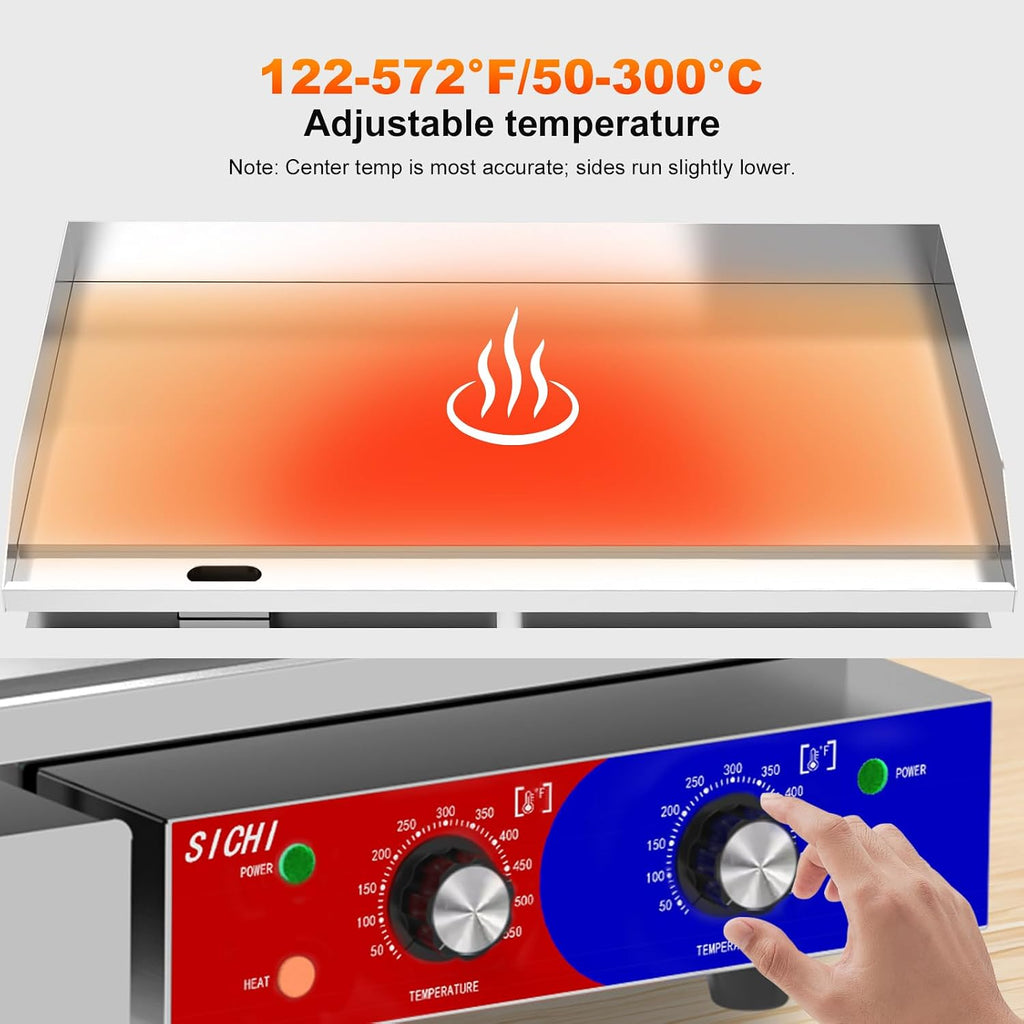 29'' * 16'' Commercial Electric Countertop Griddle -110V Flat Top Griddles w/ 122-572°F Adjustable Temperature and Non-Stick, 3000W Stainless Steel Electric Griddle w/ 10mm Thick Cast Iron