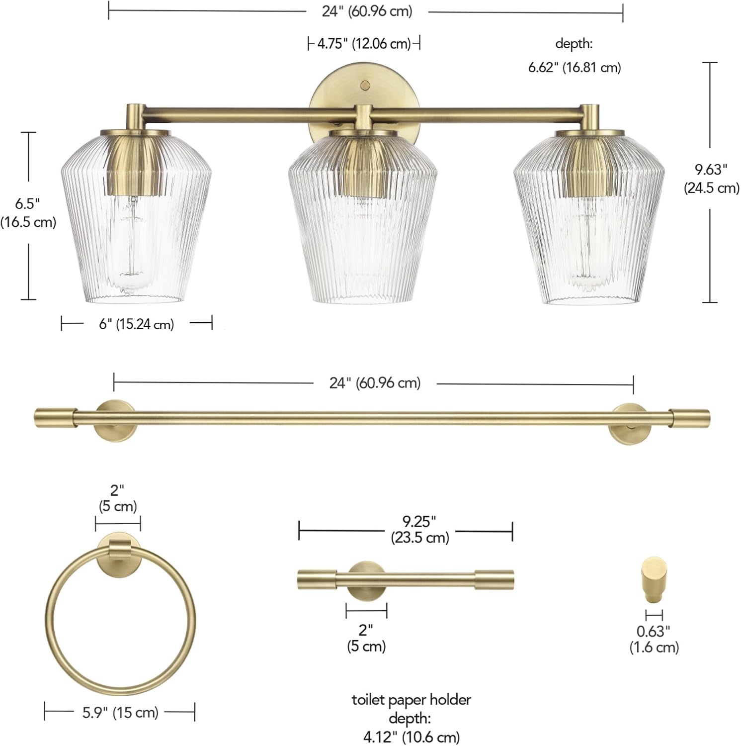 GLOBE Electric 63000063 5-Piece All-in-One Bathroom Set, Matte Brass Finish, 3-Light Vanity Light, Glass Shades, Towel Bar, Toilet Paper Holder, Towel Ring, Robe Hook, Bathroom Lights Over Mirror