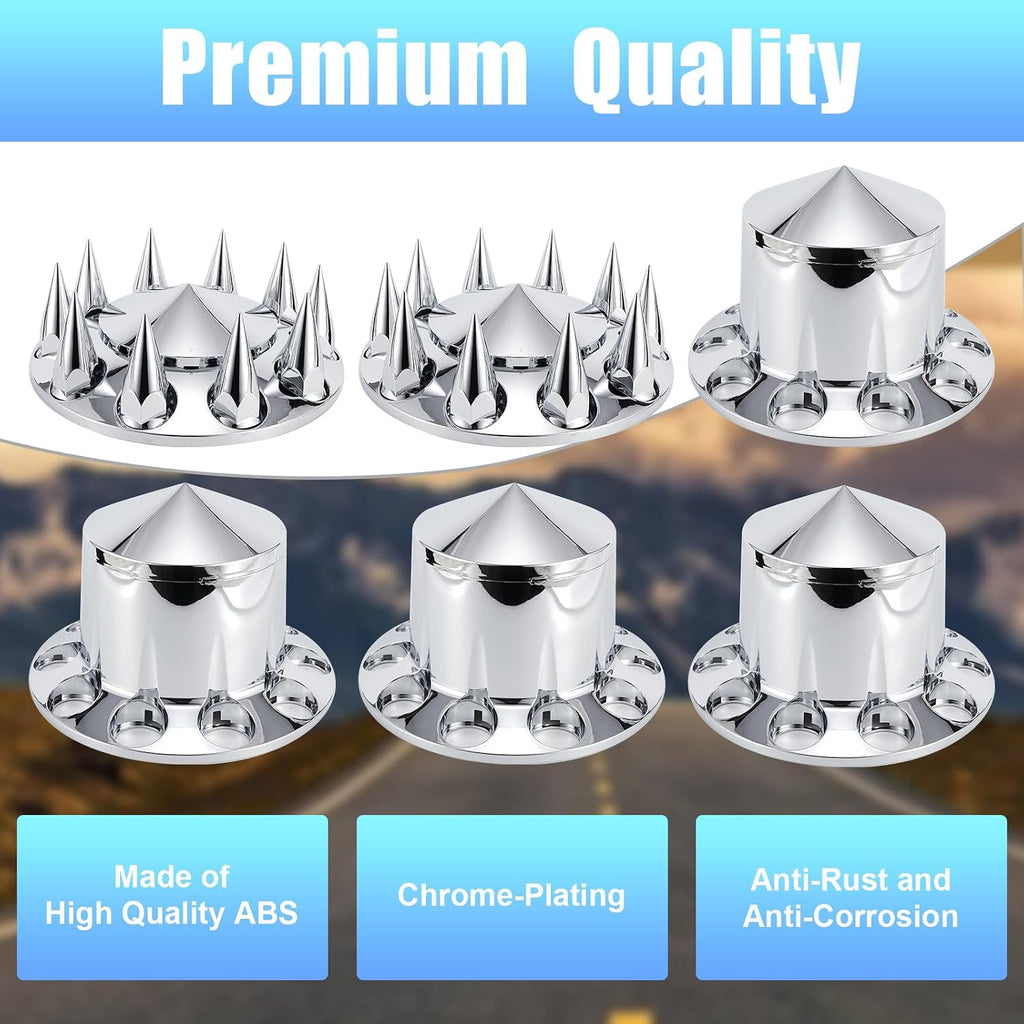 ABS Chrome Plastic Front Axle and Rear Cover Kits with 33mm Push-on Flange Nut Covers for Semi Trucks in Pairs, Spiked, 2+4 Set
